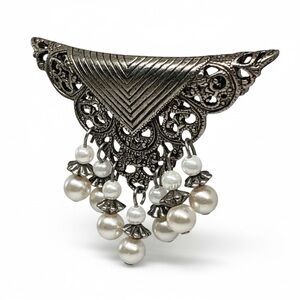 Vintage Art Deco Revival Filigree Dangle Brooch Faux Pearl Fringe